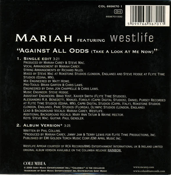 Mariah Carey Featuring Westlife : Against All Odds (Take A Look At Me Now) (CD, Single, Car)