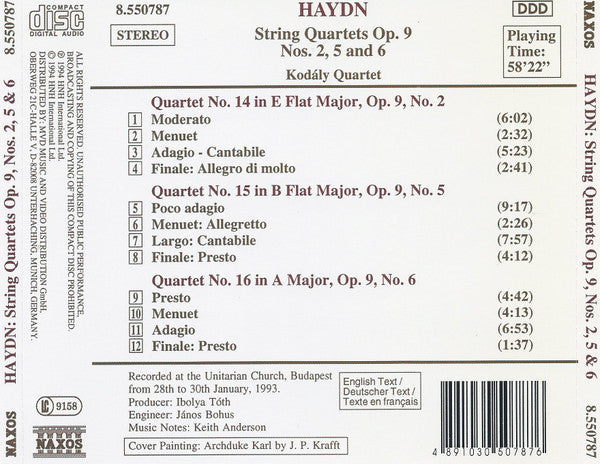 Joseph Haydn, Kodály Quartet : String Quartets Op. 9 Nos. 2, 5 And 6 (CD, Album, RE)