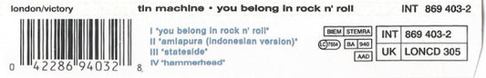 Tin Machine : You Belong In Rock N' Roll (CD, Single, Ltd)