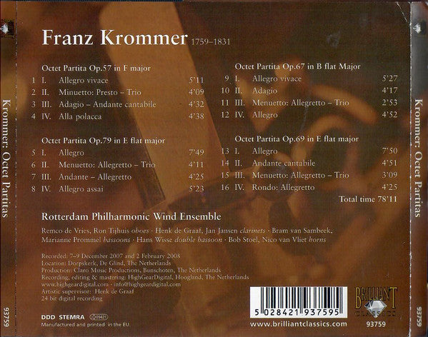 František Vincenc Kramář - Krommer, Rotterdam Philharmonic Wind Ensemble : Octet Partitas For Winds (CD)