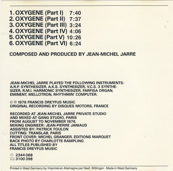 Jean-Michel Jarre : Oxygene (CD, Album, RP)