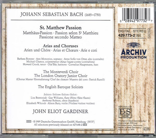 Johann Sebastian Bach - John Eliot Gardiner : St. Matthew Passion • Matthäus-Passion • Passion Selon St Matthieu (Arias And Chorus • Arien Und Chore • Arias Et Choeurs) (CD)