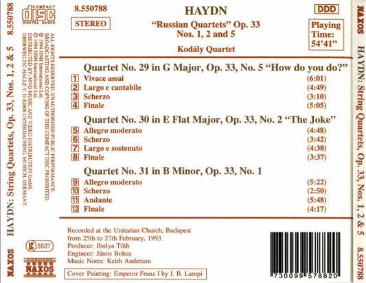 Joseph Haydn, Kodály Quartet : String Quartets Op. 33 "Russian" No. 1 - No. 2 "The Joke" - No. 5 "How Do You Do?" (CD, Album)