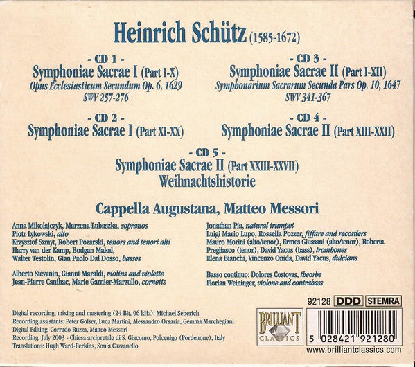 Schütz*, Cappella Augustana, Matteo Messori : Symphoniae I & II - Weihnachtshistorie (5xCD + Box, Album, Jew)