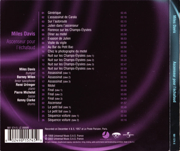 Miles Davis : Ascenseur Pour L'Échafaud (CD, Album, RE, RM, Dig)