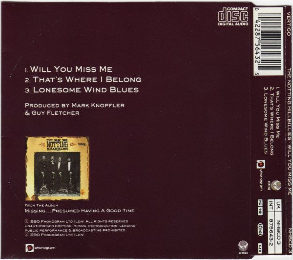 The Notting Hillbillies : Will You Miss Me (CD, Single)