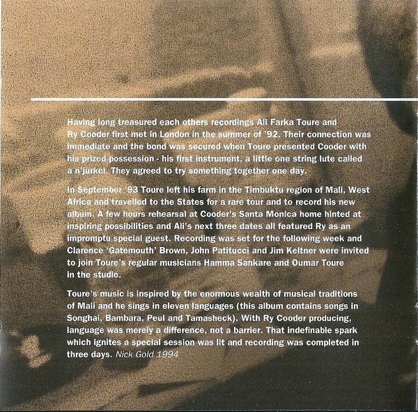 Ali Farka Touré With Ry Cooder : Talking Timbuktu (CD, Album, RP)