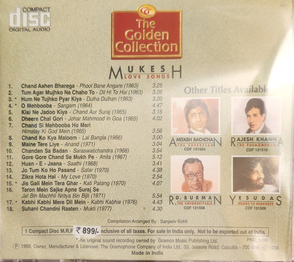 Mukesh : Love Songs - The Golden Collection (CD, Comp)
