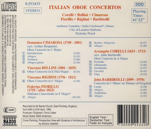 Corelli*, Bellini*, Cimarosa*, Fiorillo*, Righini*, Barbirolli*, Anthony Camden, Julia Girdwood, City Of London Sinfonia, Nicholas Ward : Italian Oboe Concertos (CD, Album, P+O)