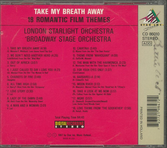 London Starlight Orchestra / The Broadway Stage Orchestra : Take My Breath Away (18 Romantic Film Themes) (CD)