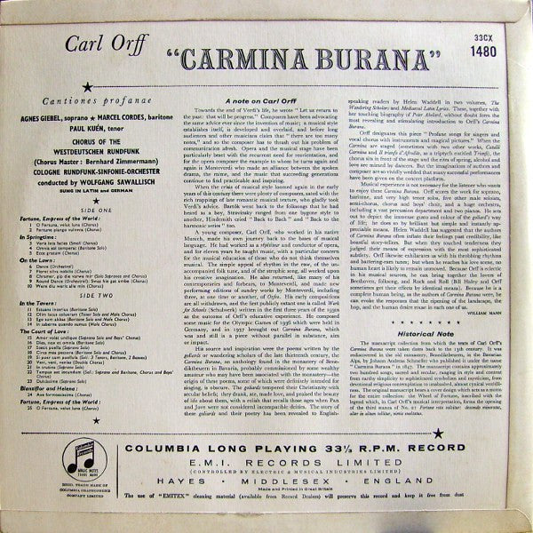 Carl Orff / Wolfgang Sawallisch / Kölner Rundfunk-Sinfonie-Orchester : Carmina Burana (LP, Album, Mono, RE)