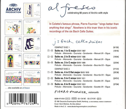Johann Sebastian Bach, Pierre Fournier : Cello Suites (2xCD, Album, RE, RM, Dig)