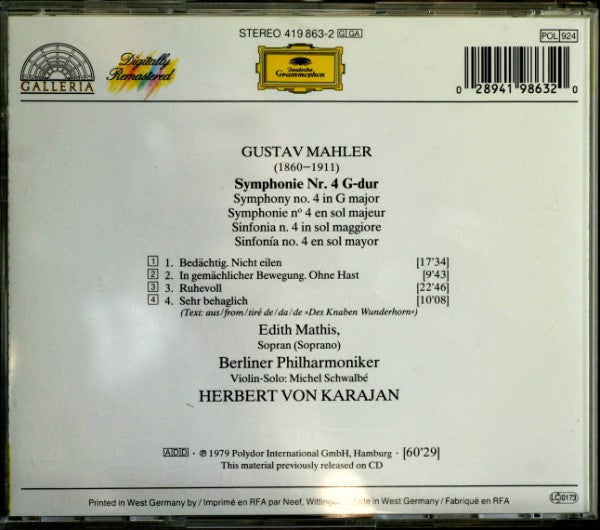 Gustav Mahler - Edith Mathis, Berliner Philharmoniker, Herbert von Karajan : Symphonie No. 4 (CD, Album, RE, RM)