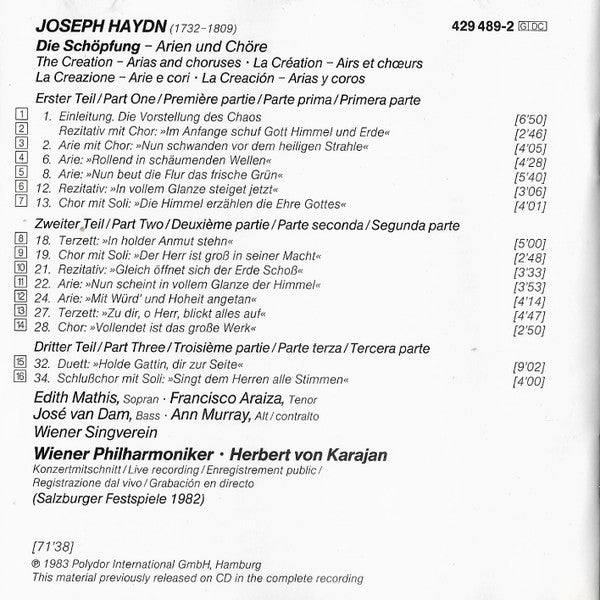 Joseph Haydn, Wiener Philharmoniker / Herbert von Karajan : Die Schöpfung - Arien Und Chöre (CD, RE)