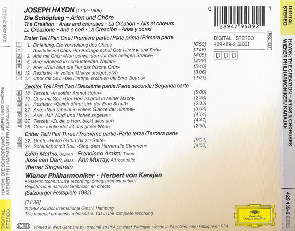 Joseph Haydn, Wiener Philharmoniker / Herbert von Karajan : Die Schöpfung - Arien Und Chöre (CD, RE)