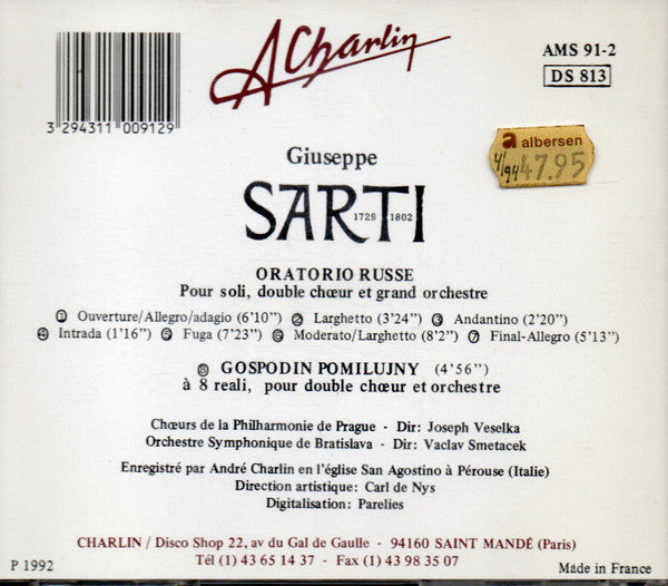 Giuseppe Sarti - Prague Philharmonic Chorus, Bratislava Symphony Orchestra, Václav Smetáček : Oratorio Russe / Gospodin Pomilujny (CD, Album)