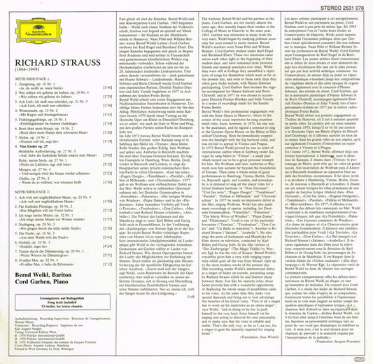 Richard Strauss - Bernd Weikl ▪ Cord Garben : Lieder (LP)