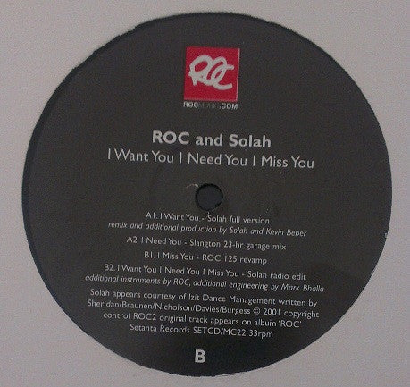 ROC And Solah (Nicky Holt) : I Want You I Need You I Miss You (12", Promo)
