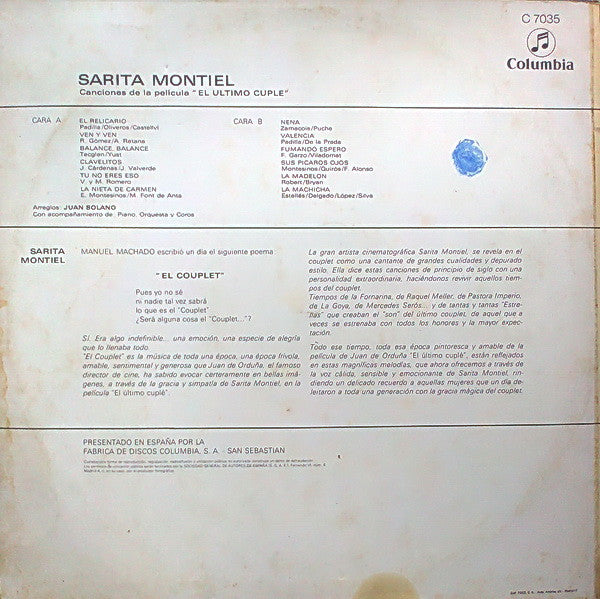 Sara Montiel : Canciones De La Película "El Ultimo Cuplé" (LP, Album, RE)