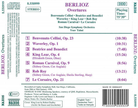 Hector Berlioz - San Diego Symphony, Yoav Talmi : Overtures - Benvenuto Cellini • Beatrice And Benedict • Waverley • King Lear • Rob Roy • Roman Carnival • Le Corsaire  (CD, Album)
