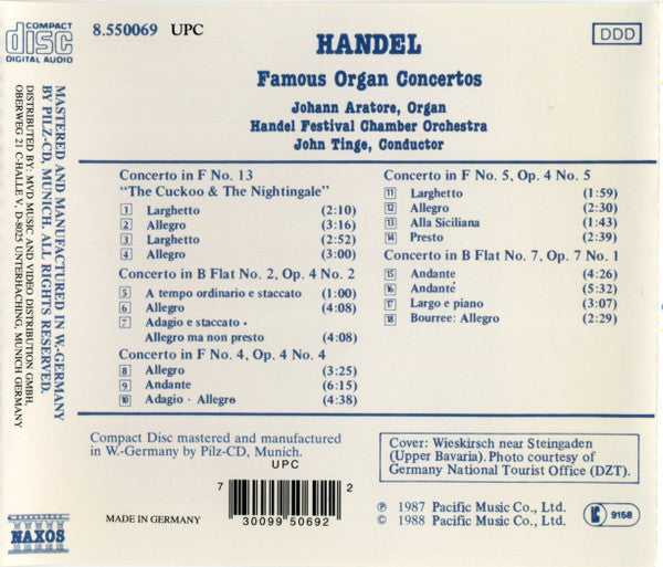 Georg Friedrich Händel - Johann Aratore, John Tinge, Handel Festival Chamber Orchestra : Famous Organ Concertos (CD, Album, RE)