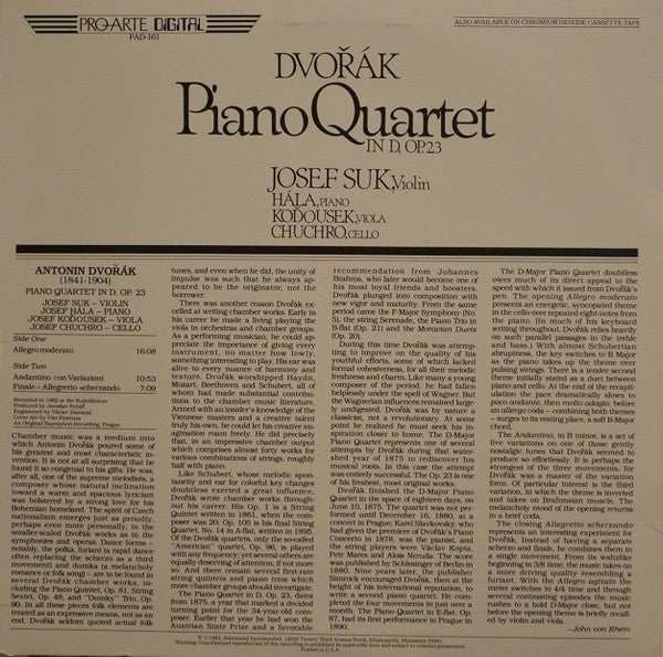 Antonín Dvořák / Josef Suk, Josef Hála, Josef Koďousek, Josef Chuchro : Piano Quartet In D, Op. 23 (LP)