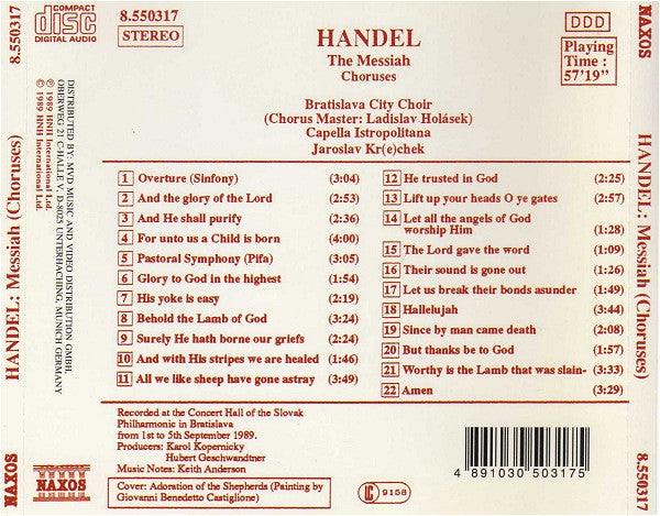 Georg Friedrich Händel, Bratislava City Choir, Capella Istropolitana, Jaroslav Krček : The Messiah (Choruses) (CD, Album)