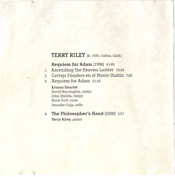 Kronos Quartet - Terry Riley : Requiem For Adam (CD, Album)