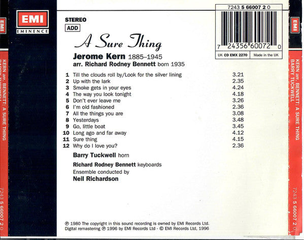 Jerome Kern, Richard Rodney Bennett, Barry Tuckwell, Neil Richardson : A Sure Thing • Kern Arr. Richard Rodney Bennett (CD)