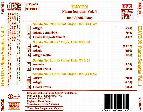 Joseph Haydn, Jenö Jandó : Piano Sonatas, Vol. 1 (Nos. 59 - 62) (CD, Album)