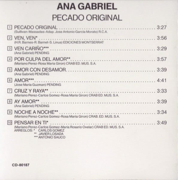 Ana Gabriel : Pecado Original (CD, Album)