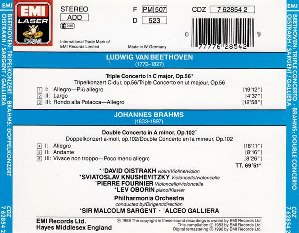 Ludwig van Beethoven, Johannes Brahms - David Oistrach, Sir Malcolm Sargent, Alceo Galliera : Triple Concerto / Double Concerto (CD, Comp, RM)