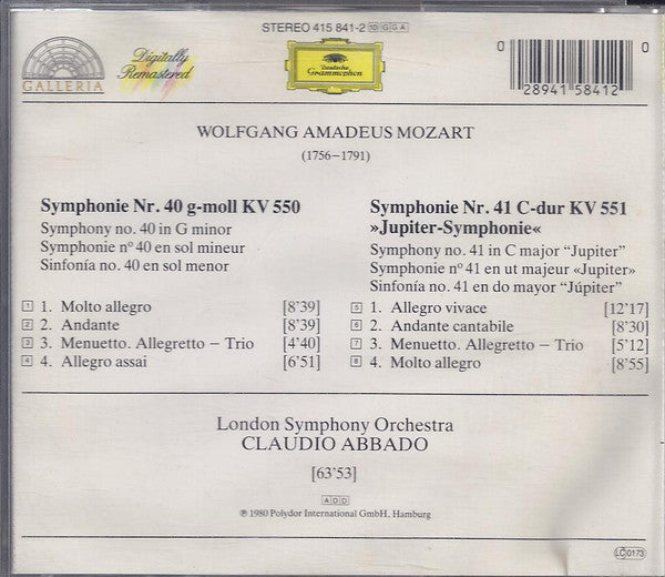 Wolfgang Amadeus Mozart, London Symphony Orchestra, Claudio Abbado : Symphony No. 40 / Symphony No. 41 "Jupiter" (CD, Album, RE, RM)