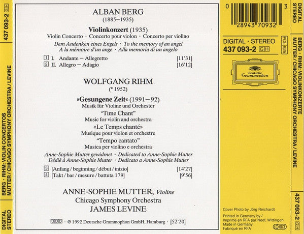 Alban Berg / Wolfgang Rihm - Anne-Sophie Mutter, Chicago Symphony Orchestra, James Levine (2) : Violinkonzert = Violin Concerto / »Gesungene Zeit = Time Chant« (CD, Album, RE, RP)