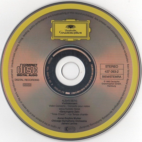 Alban Berg / Wolfgang Rihm - Anne-Sophie Mutter, Chicago Symphony Orchestra, James Levine (2) : Violinkonzert = Violin Concerto / »Gesungene Zeit = Time Chant« (CD, Album, RE, RP)