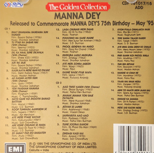 Manna Dey : The Golden Collection - 75th Birthday - May '95 (2xCD, Comp, Dou)