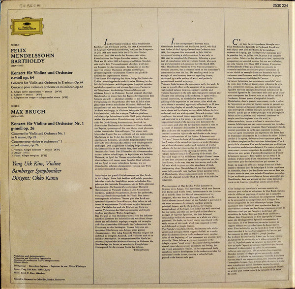 Felix Mendelssohn-Bartholdy • Max Bruch - Yong Uck Kim, Bamberger Symphoniker • Okko Kamu : Violinkonzerte = Violin Concertos (LP)