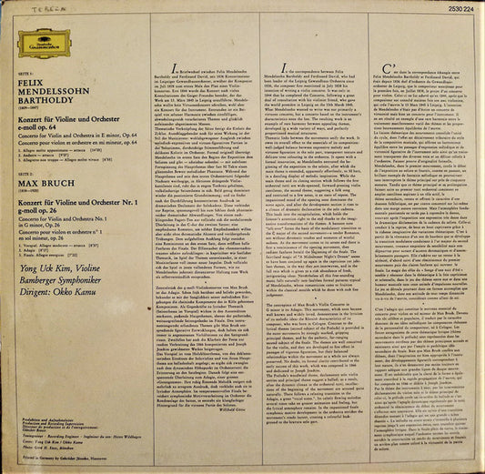 Felix Mendelssohn-Bartholdy • Max Bruch - Yong Uck Kim, Bamberger Symphoniker • Okko Kamu : Violinkonzerte = Violin Concertos (LP)