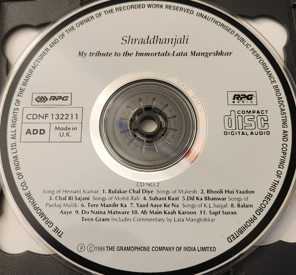 Lata Mangeshkar : Shraddhanjali Vol. 2. My Tribute To The Immortals (2xCD, Comp, Dou)
