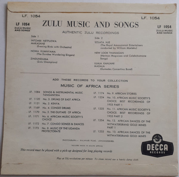 Various : Zulu Music And Songs (10", Album)