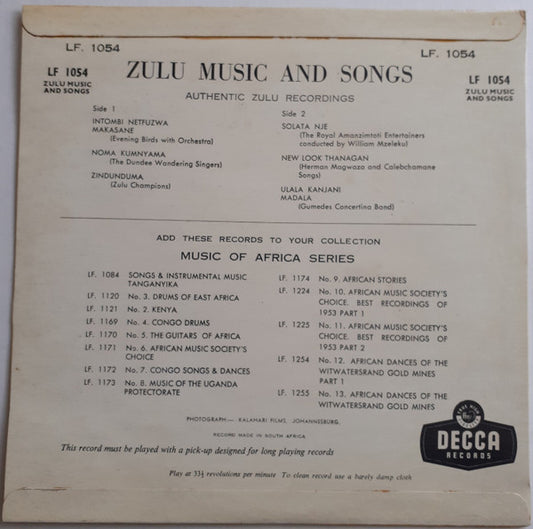 Various : Zulu Music And Songs (10", Album)
