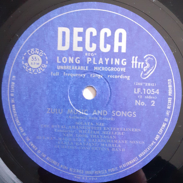 Various : Zulu Music And Songs (10", Album)