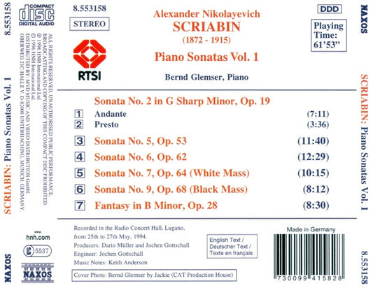 Alexander Scriabin, Bernd Glemser : Piano Sonatas Vol. 1 (Nos. 2, 5, 6, 7 And 9 / Fantasy In B Minor) (CD, Album, P+O)