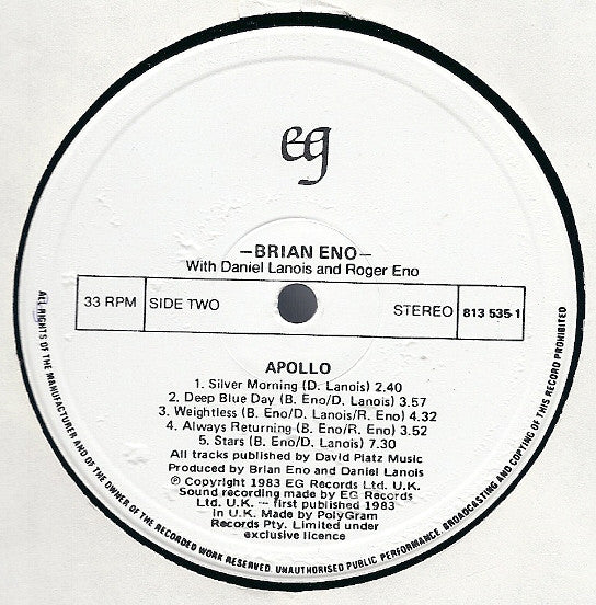 Brian Eno With Daniel Lanois & Roger Eno : Apollo - Atmospheres & Soundtracks (LP, Album)
