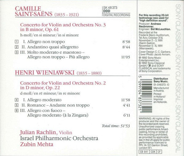 Saint-Saëns* / Wieniawski* - Julian Rachlin, Israel Philharmonic Orchestra, Zubin Mehta : Violin Concerto No. 3 - Violin Concerto No. 2 (CD, Album)