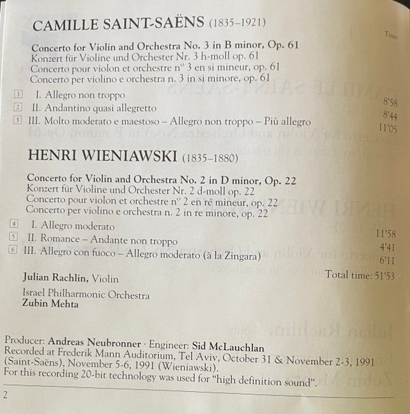 Saint-Saëns* / Wieniawski* - Julian Rachlin, Israel Philharmonic Orchestra, Zubin Mehta : Violin Concerto No. 3 - Violin Concerto No. 2 (CD, Album)