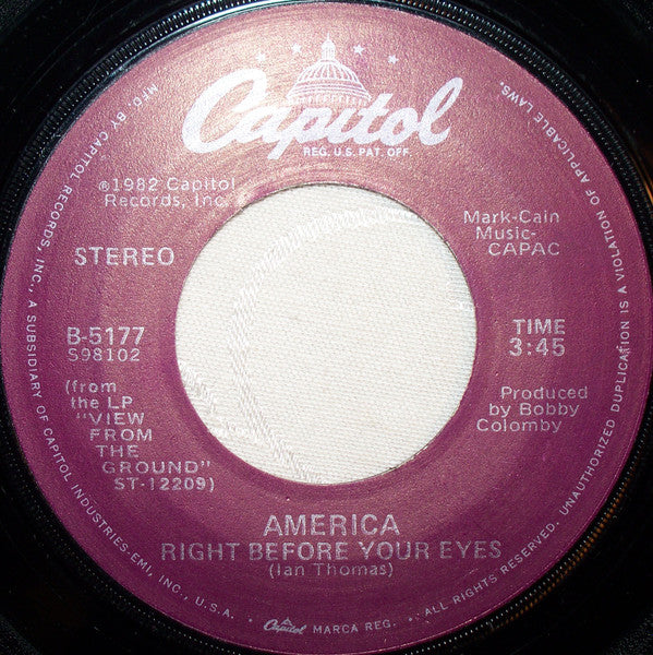 America (2) : Right Before Your Eyes (7", Single, Win)