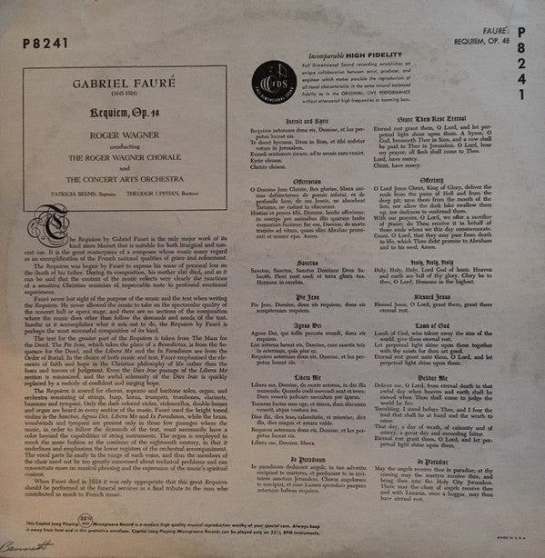 Gabriel Fauré - Roger Wagner : Requiem, Op. 48 (LP, Album, RP)