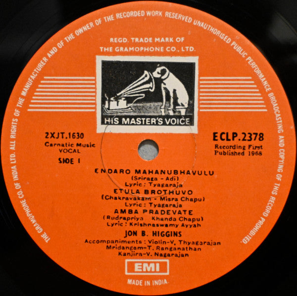Jon B. Higgins : Jon Higgins Sings Carnatic Music Vol. 2 (LP, Album)