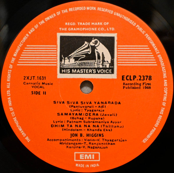 Jon B. Higgins : Jon Higgins Sings Carnatic Music Vol. 2 (LP, Album)
